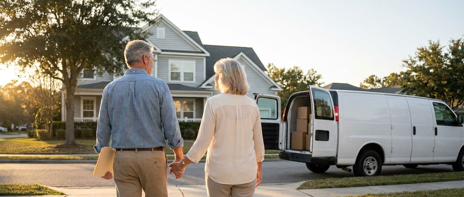 A couple holding hands in front of their North Carolina home beside a moving van, starting their next chapter
