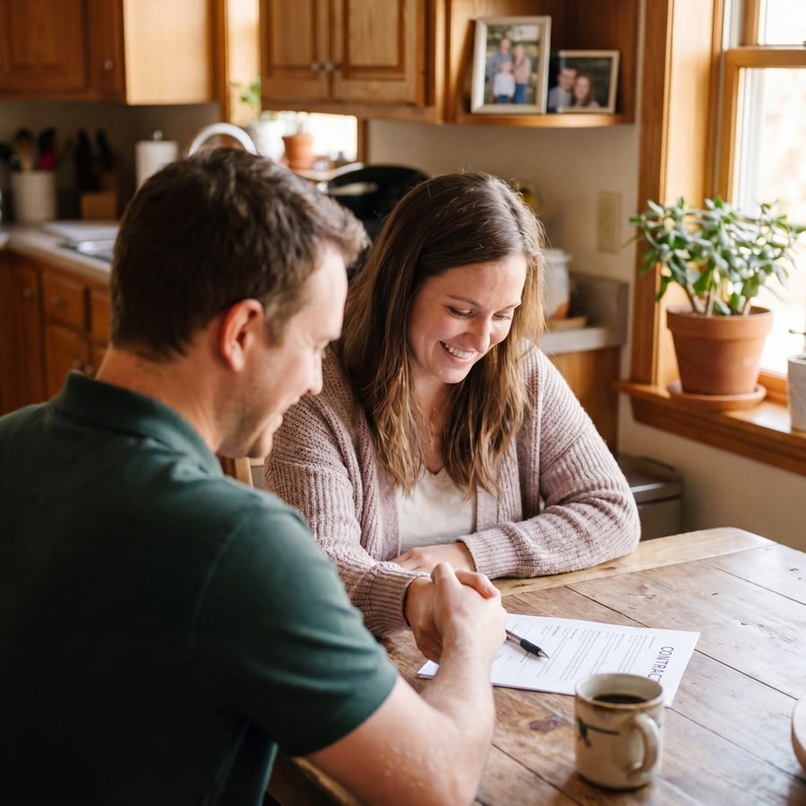 An Address2Cash team member shaking hands with a homeowner at her kitchen table in North Carolina