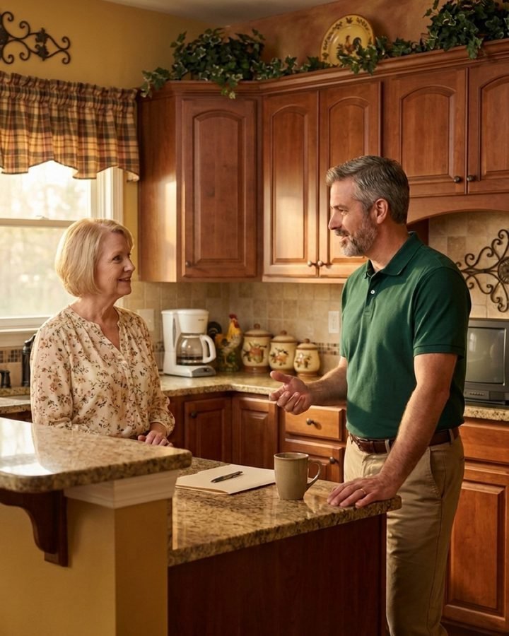 Address2Cash team member in a green branded polo discussing options with a North Carolina homeowner at her kitchen counter