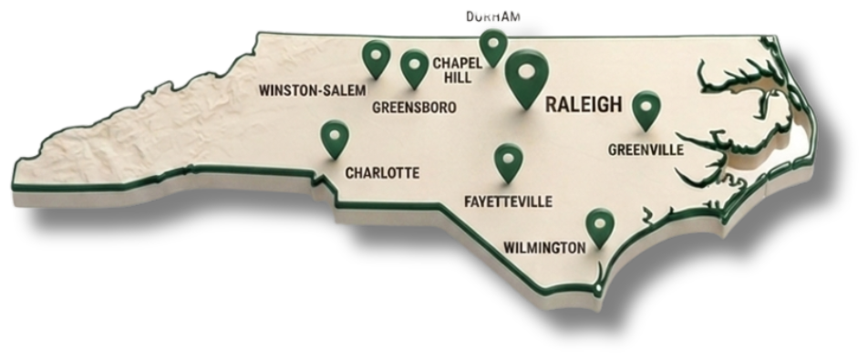 Map of North Carolina showing Address2Cash service areas including Raleigh, Durham, Chapel Hill, Greensboro, Winston-Salem, Charlotte, Fayetteville, Greenville, and Wilmington